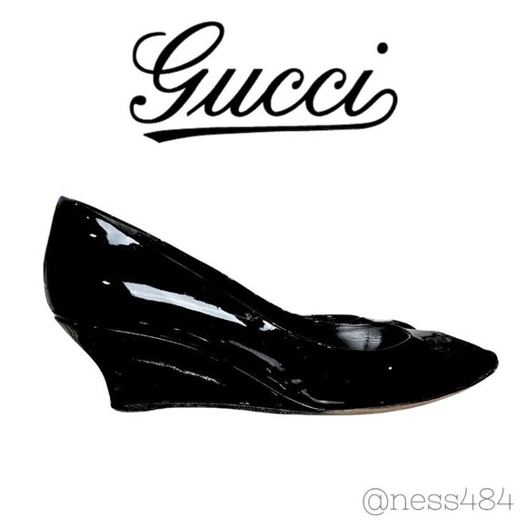 Gucci Shoes - Gucci Black Patent Leather Peep Toe Pumps/Wedges Size EU 37.5/7.5 US